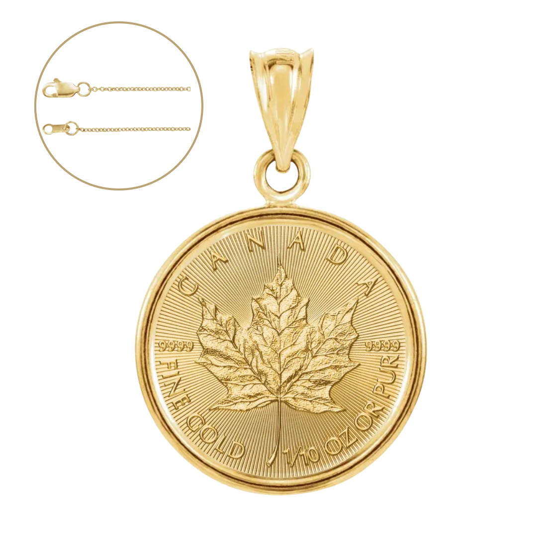 1/4 oz .9999 Pure 24K Maple Gold Bullion with 14K Frame and Chain Necklace