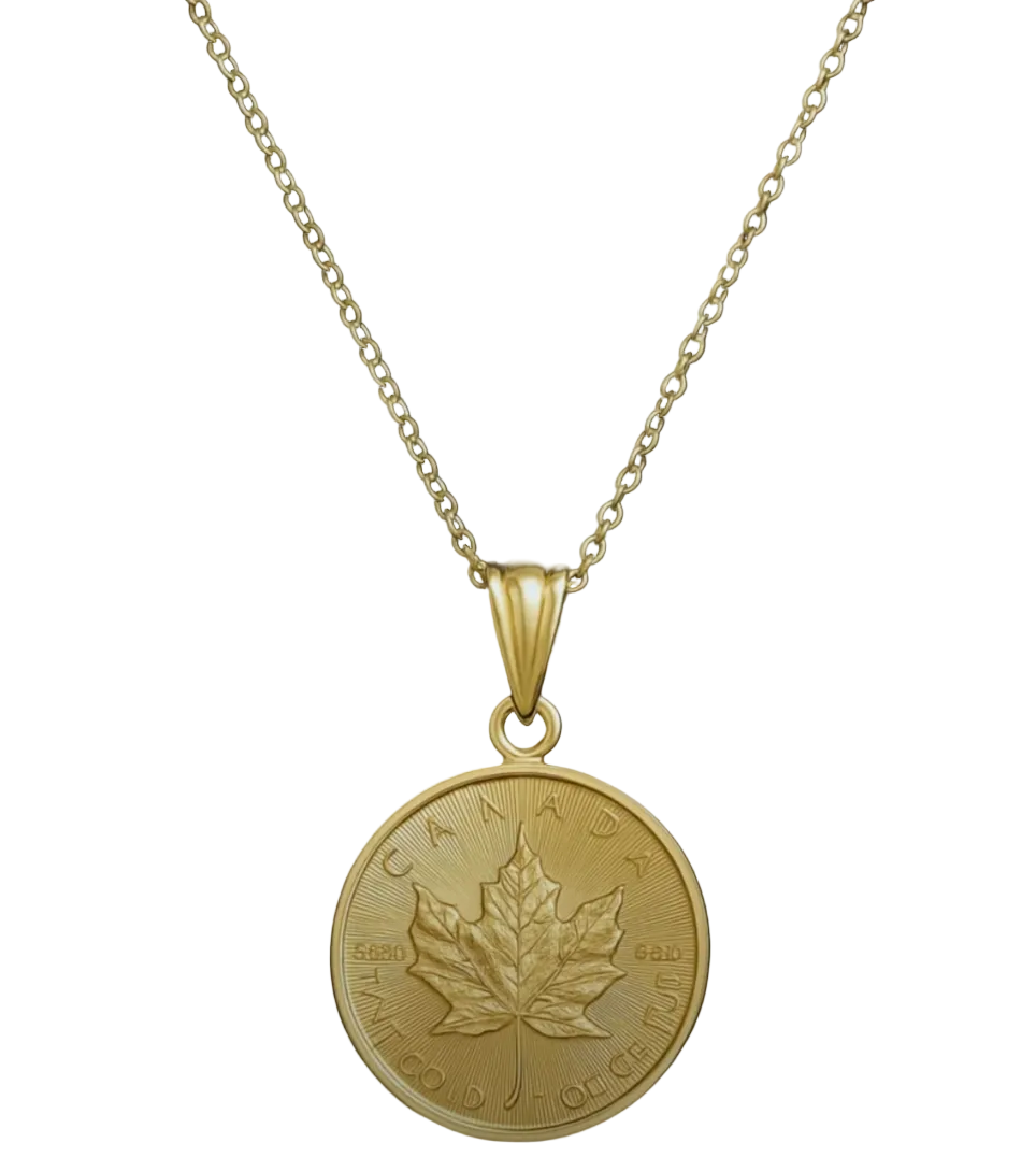 1/10 oz .9999 Pure 24K Maple Gold Bullion with 14K Frame and Chain Necklace