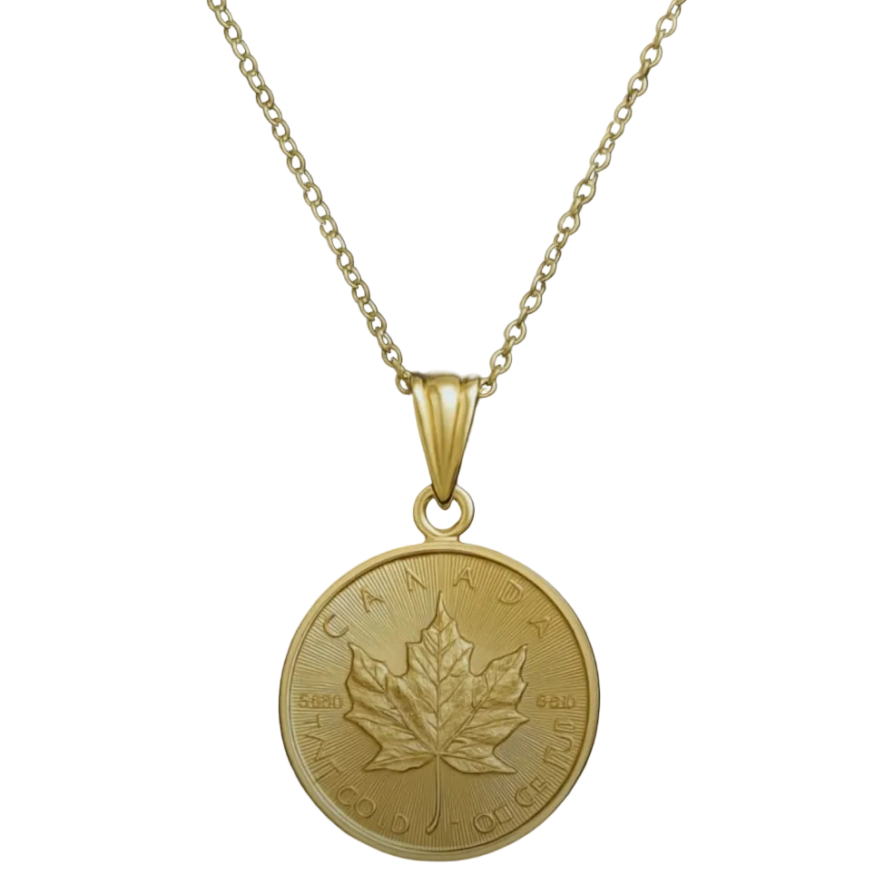 1/10 oz .9999 Pure 24K Maple Gold Bullion with 14K Frame & 1 mm 16" Cable Chain Necklace