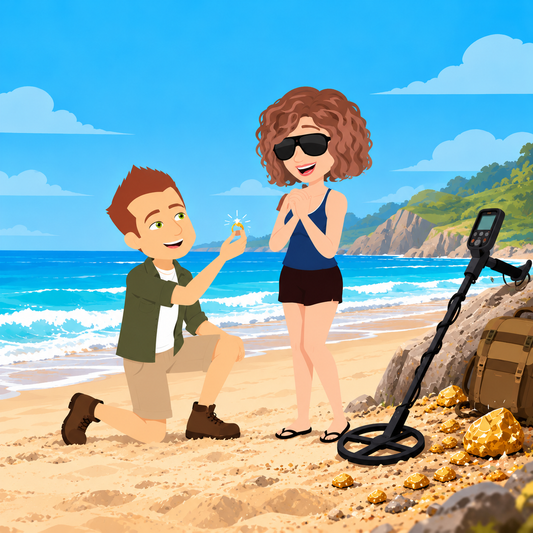 Illustration of Bill proposing to Jen on a beach beside a metal detector and gold nuggets.