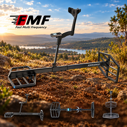 XP XTREM Hunter twin-coil detector on rocky ground at golden hour with additional detector views below