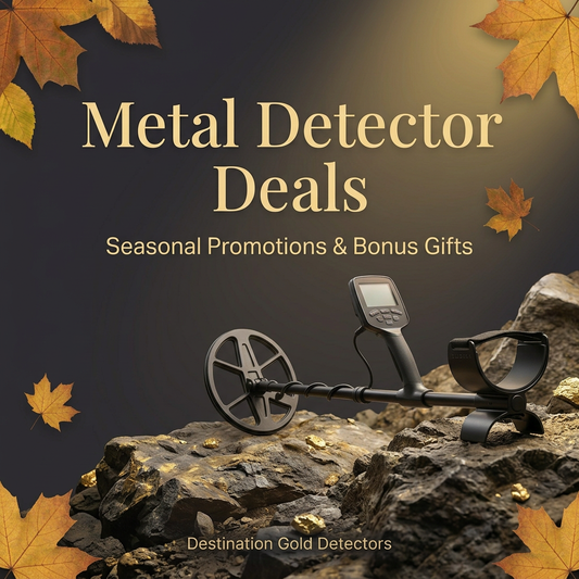 Metal Detector Deals: Seasonal Promotions & Bonus Gifts at Destination Gold Detectors, with a metal detector and autumn leaves.