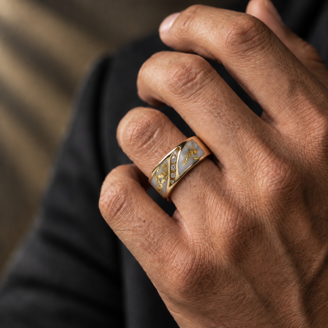 Gold Nugget with Diamonds Mens Ring