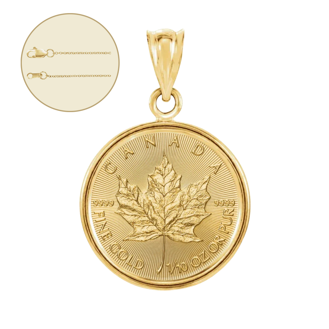 1/10 oz .9999 Pure 24K Maple Gold Bullion with 14K Frame & 1 mm 16