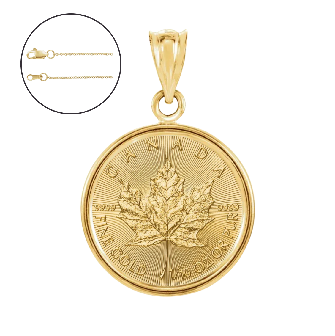1/4 oz .9999 Pure 24K Maple Gold Bullion with 14K Frame and Chain Necklace