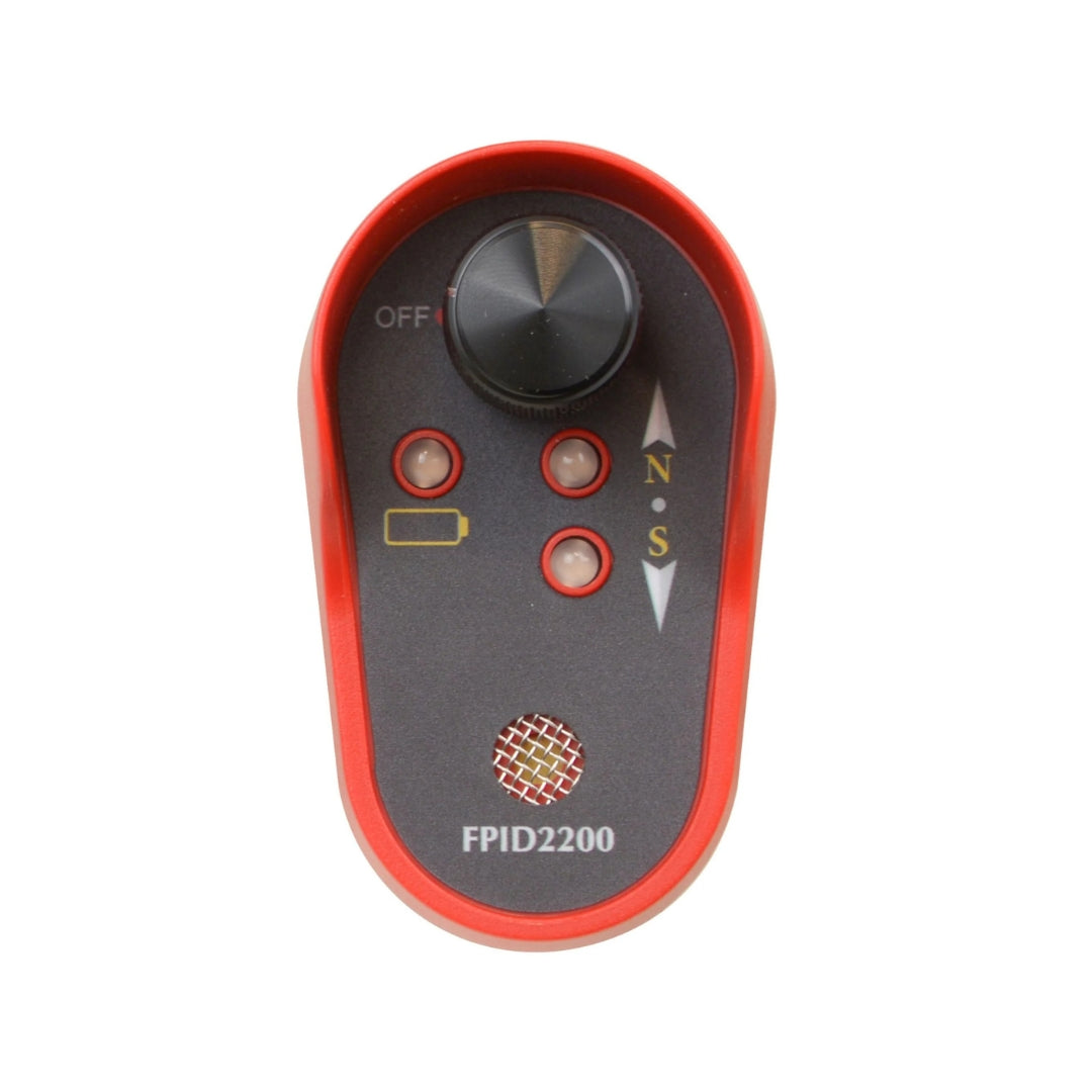 A red and black electronic control module labeled FPID2200, featuring a central rotary knob, four indicator lights, and a compass needle graphic, shown on a plain white background.