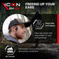 Advertisement for ICON BH-02 ear protection device with a person wearing it outdoors.