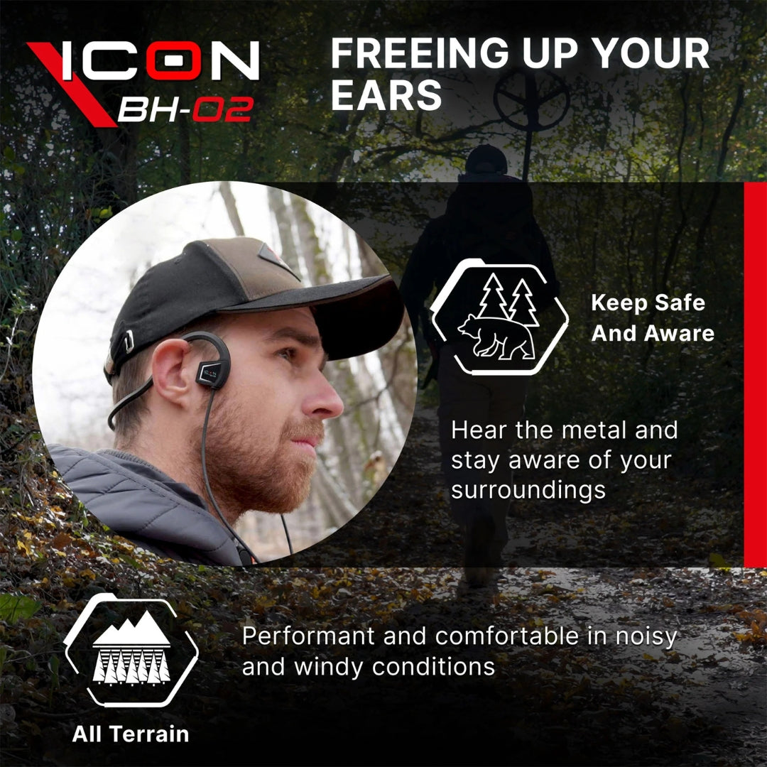 Advertisement for ICON BH-02 ear protection device with a person wearing it outdoors.