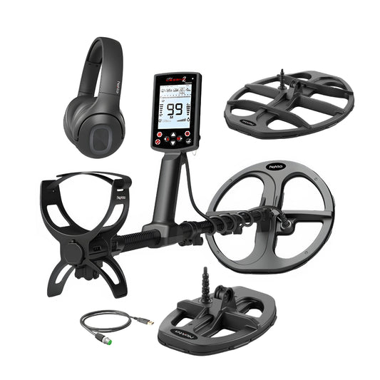 Nokta Legend 2 metal detector package with Bluetooth headphones, three search coils and charging cable, including a large elliptical coil.
