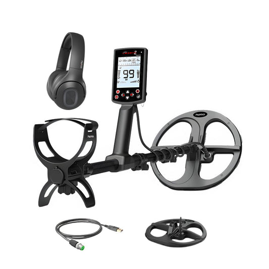 Nokta The Legend 2 Metal Detector package with headphones, two search coils and USB cable