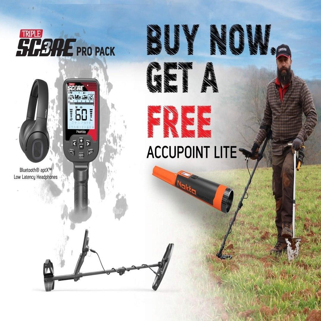 Nokta Triple Score Pro Pack promotion offering a free AccuPoint Lite pinpointer.