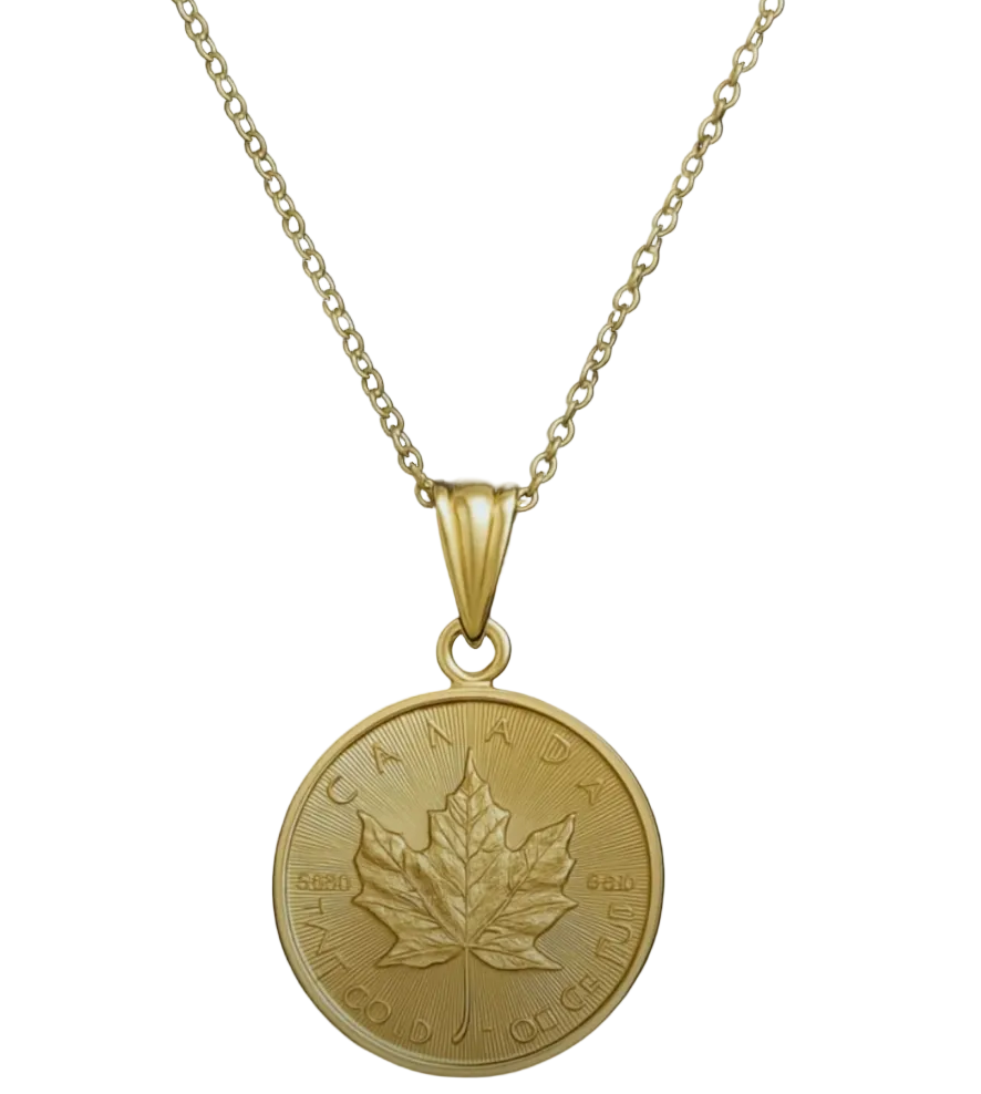 1/10 oz .9999 Pure 24K Maple Gold Bullion with 14K Frame and Chain Necklace