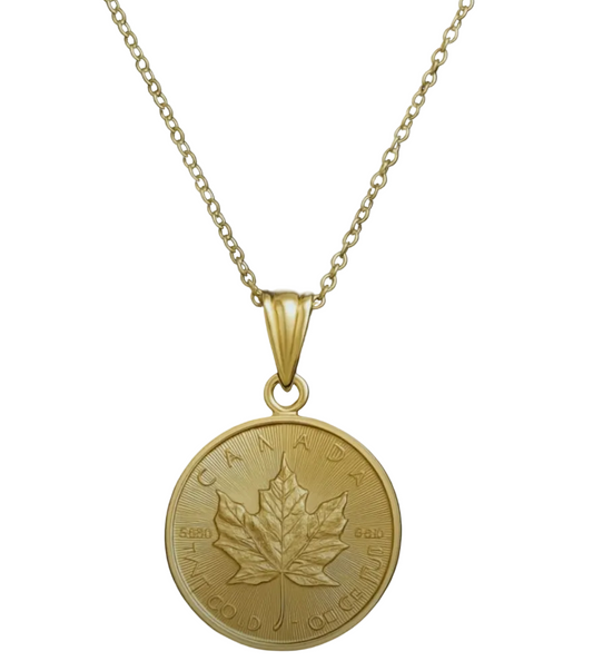 1/10 oz .9999 Pure 24K Maple Gold Bullion with 14K Frame and Chain Necklace
