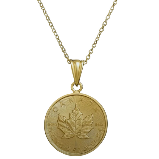 1/10 oz .9999 Pure 24K Maple Gold Bullion with 14K Frame & .75 mm 16" Rope Chain