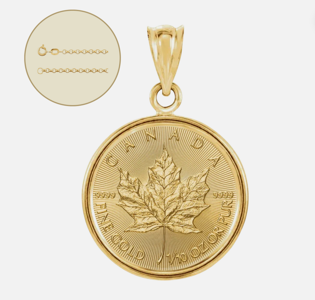 1/10 oz .9999 Pure 24K Maple Gold Bullion with 14K Frame and 20" 2.5 mm Hollow Rolo Chain