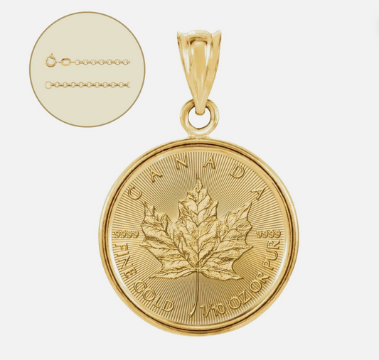 1/10 oz .9999 Pure 24K Maple Gold Bullion with 14K Frame and 20" 2.5 mm Hollow Rolo Chain
