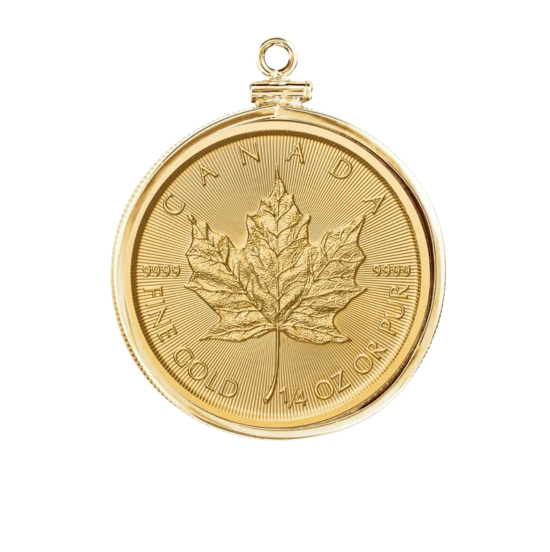1/4 oz .9999 Pure 24K Maple Gold Round with 14K Frame Pendant