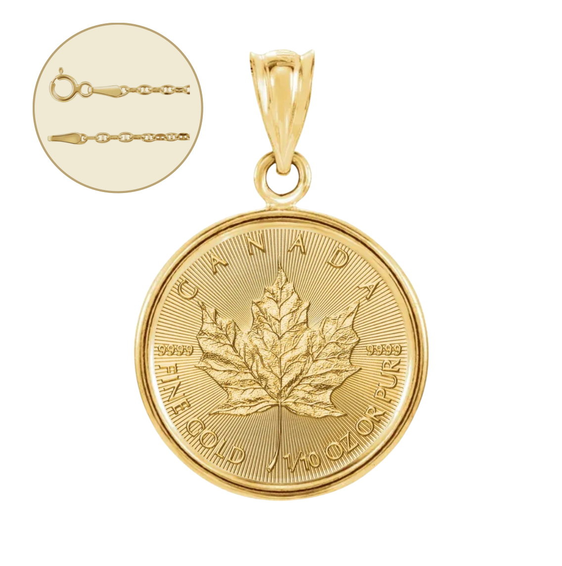 1/10 oz .9999 24K Maple Gold Bullion w/ 14K Frame & 1.8 mm Anchor 20" Chain