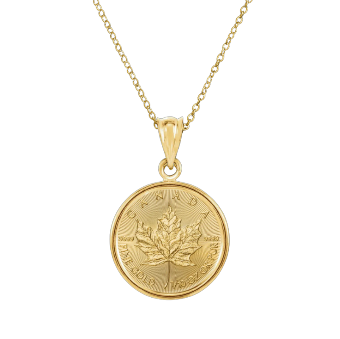 1/10 oz .9999 Pure 24K Maple Gold Bullion with 14K Frame & .75 mm 16" Rope Chain
