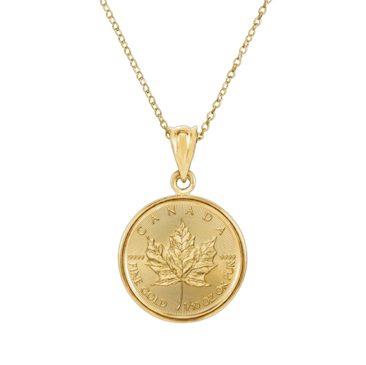 1/10 oz .9999 Pure 24K Maple Gold Bullion with 14K Frame & .75 mm 16" Rope Chain