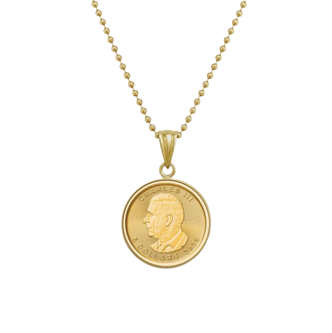 1/10 oz .9999 Pure 24K Maple Gold Bullion with 14K Frame & 1 mm Hollow Bead Chain