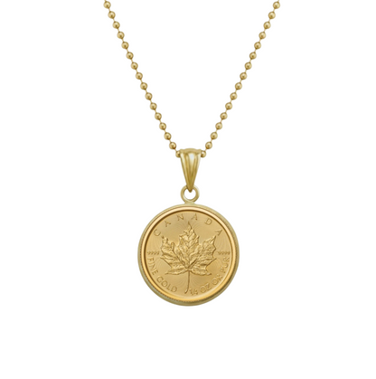 1/10 oz .9999 Pure 24K Maple Gold Bullion with 14K Frame & 1 mm Hollow Bead Chain