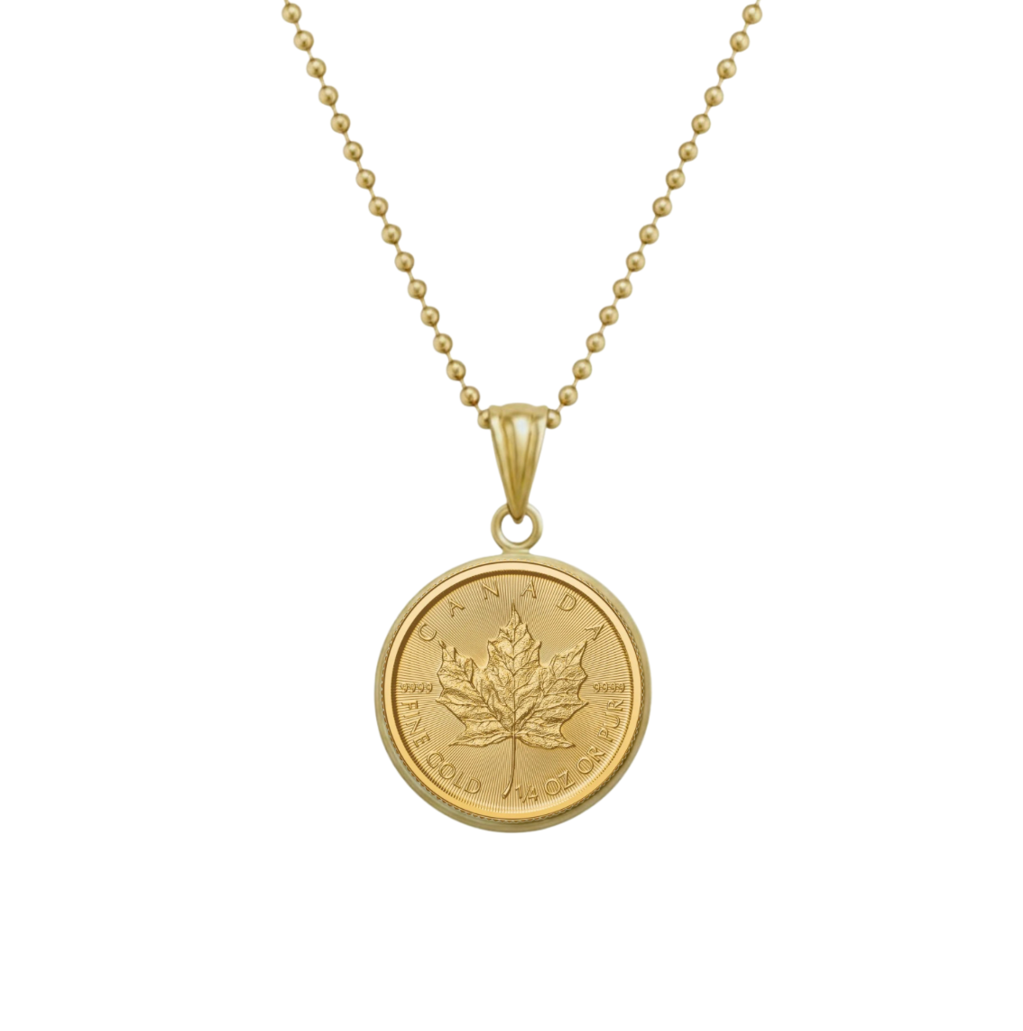 1/10 oz .9999 Pure 24K Maple Gold Bullion with 14K Frame & 1 mm Hollow Bead Chain