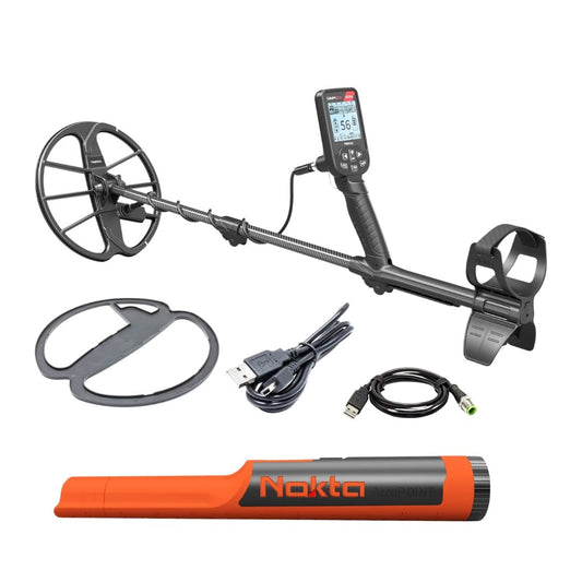 Nokta Simplex Ultra metal detector package with search coil, coil cover, USB cables and an orange Nokta pinpointer.