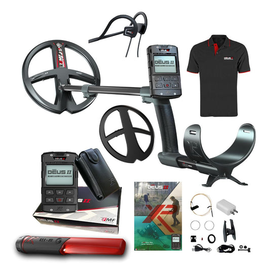 XP DEUS II RC Metal Detector Fast Multi Frequency with BH-01 Waterproof Headphones, MI-6 Pointer and Polo Shirt