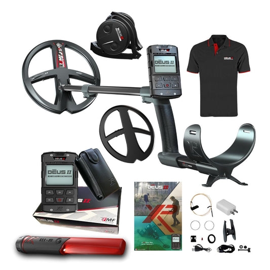 XP DEUS II RC Metal Detector with WSA II Headphones, MI-6 Pinpointer and Polo Shirt - Destination Gold Detectors