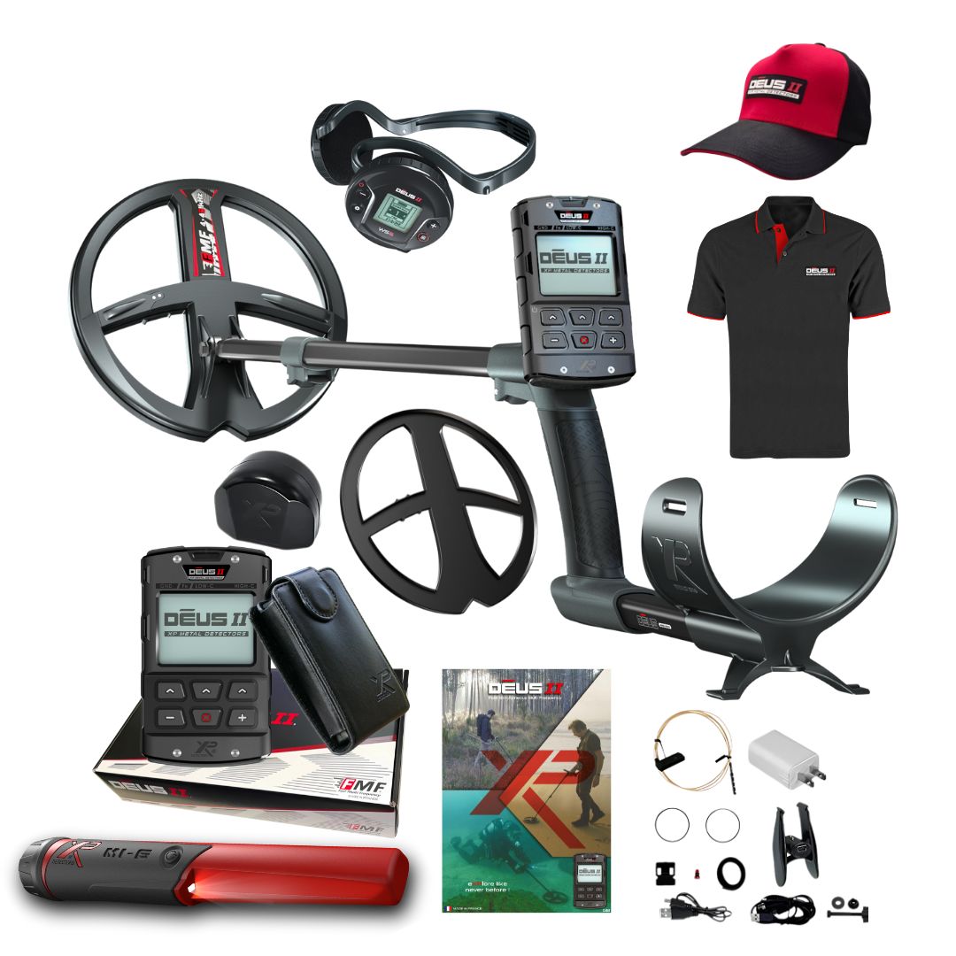 XP DEUS II RC Metal Detector with DEUS II Cap, DEUS II Polo Shirt and MI-6 Pointer - Destination Gold Detectors