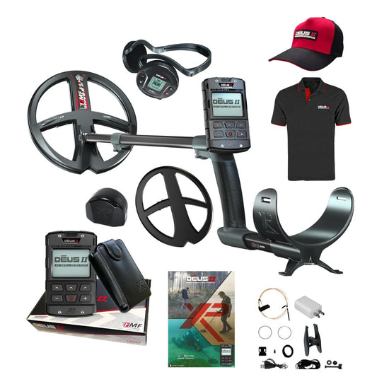 XP DEUS II Metal Detector Fast Multi Frequency with Remote Control, WS6 Wireless Headphones, Polo Shirt, and Deus II Cap