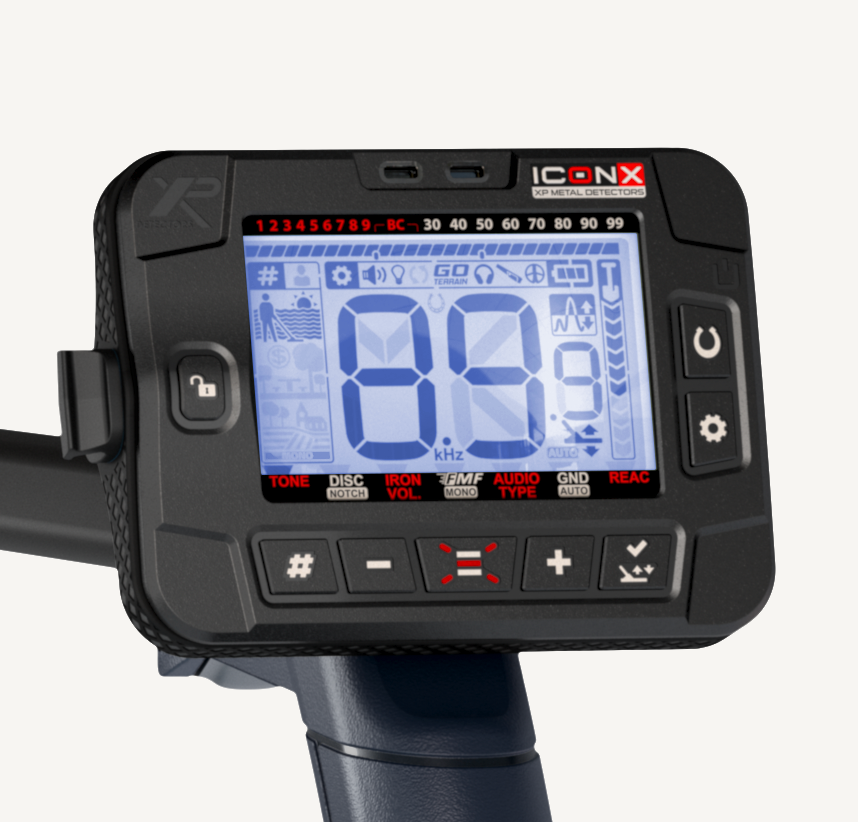 Digital device with a screen displaying numbers, brand 'ICONX' visible, on a white background