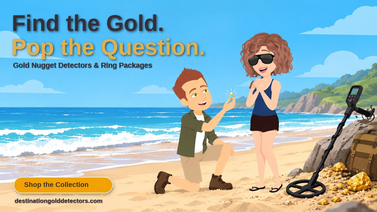 Load video: Bill proposes to Jen, with a gold nugget ring, during there prospecting beach holiday. Jen's metal detector is resting on a rock.