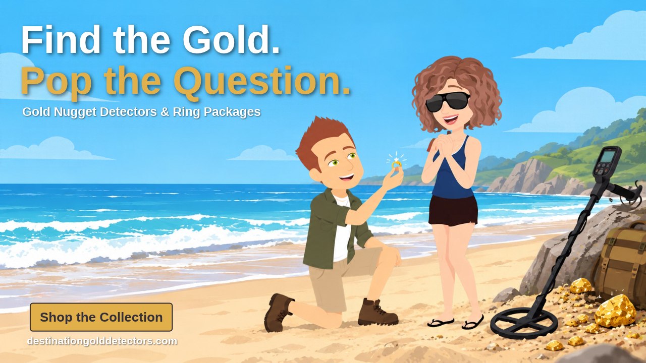Load video: Bill proposes to Jen, with a gold nugget ring, during there prospecting beach holiday. Jen's metal detector is resting on a rock.